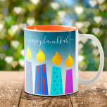 Menorah Candles Happy Hanukkah Script on Turquoise<br><div class="desc">“Happy Hanukkah.” Here’s an easy way to get in the holiday mood each morning. Add extra sparkle to your day whenever you relax with your favourite beverage in this colourful, custom Hanukkah coffee mug. A playful, artsy illustration of blue menorah candles with colourful faux foil patterns and modern typography overlay...</div>