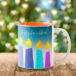 Menorah Candles Happy Hanukkah Script on Turquoise Two-Tone Coffee Mug<br><div class="desc">“Happy Hanukkah.” Here’s an easy way to get in the holiday mood each morning. Add extra sparkle to your day whenever you relax with your favourite beverage in this colourful, custom Hanukkah coffee mug. A playful, artsy illustration of blue menorah candles with colourful faux foil patterns and modern typography overlay...</div>