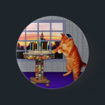Menorah Cat 6 Cm Round Badge<br><div class="desc">So the cat is a redhead he’s an Ashkenazi!  And it's sundown so he's put on his kippah,  he's lighting the candles and saying the prayers,  and remembering that A Great Miracle Happened There.</div>