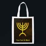 Menorah Flame Reusable Grocery Bag<br><div class="desc">A brown and gold digital rendering of the Jewish seven-branched menorah (Hebrew: מְנוֹרָה‎). Add your own text. The seven-branched menorah, used in the portable sanctuary set up by Moses in the wilderness and later in the Temple in Jerusalem, has been a symbol of Judaism since ancient times and is the...</div>