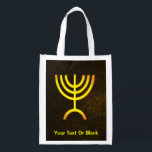 Menorah Flame Reusable Grocery Bag<br><div class="desc">A brown and gold digital rendering of the Jewish seven-branched menorah (Hebrew: מְנוֹרָה‎). Add your own text. The seven-branched menorah, used in the portable sanctuary set up by Moses in the wilderness and later in the Temple in Jerusalem, has been a symbol of Judaism since ancient times and is the...</div>