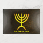 Menorah Flame Trinket Trays<br><div class="desc">A brown and gold digital rendering of the Jewish seven-branched menorah (Hebrew: מְנוֹרָה). Add our own text. The seven-branched menorah, used in the portable sanctuary set up by Moses in the wilderness and later in the Temple in Jerusalem, has been a symbol of Judaism since ancient times and is the...</div>