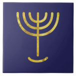 Menorah Gold-Look on Navy Tile<br><div class="desc">Menorah with Paleo Hebrew lettering. Personalise by selecting 'Click to customise further" to make this your own design. Or 'Transfer this design' to print a the same design onto different product. And thou shalt make a candlestick of pure gold: of beaten work shall the candlestick be made: his shaft, and...</div>