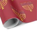 Menorah Hanukkah Blue Candles Drawing Holiday Red Wrapping Paper<br><div class="desc">Faux gold foil menorah candles for your Hanukkah celebration on champagne coloured background. Whimsical menorah illustration with white stars covered celestial candles on a faux gold menorah candle stand. Menorah elegant starry wedding Hanukkah illustrated design gifts and paper products.</div>