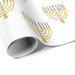 Menorah Hanukkah Blue Candles Drawing Holiday   Wrapping Paper<br><div class="desc">Faux gold foil menorah candles for your Hanukkah celebration on champagne coloured background. Whimsical menorah illustration with white stars covered celestial candles on a faux gold menorah candle stand. Menorah elegant starry wedding Hanukkah illustrated design gifts and paper products.</div>