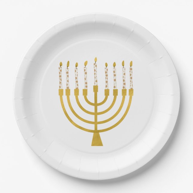 Menorah Hanukkah Celestial Candles Drawing Wedding Paper Plate (Front)