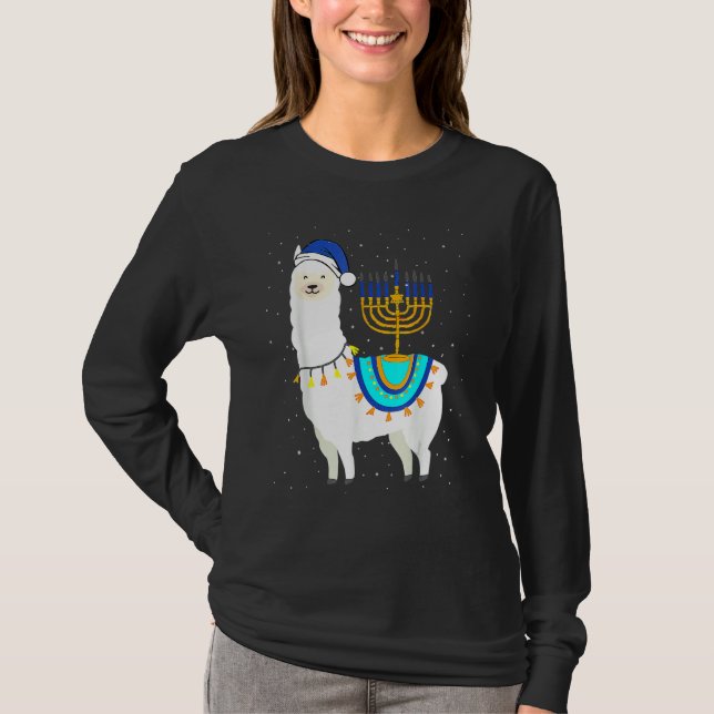 Menorah Hanukkah Llama Cute Alpaca Chanukah Christ T-Shirt (Front)