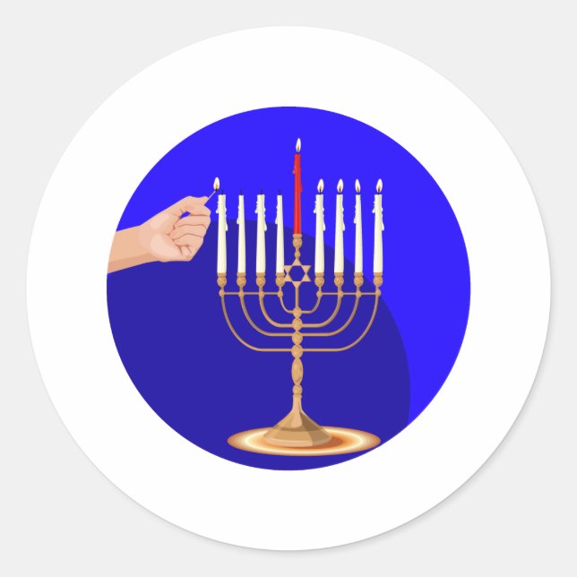Menorah on Blue Classic Round Sticker (Front)