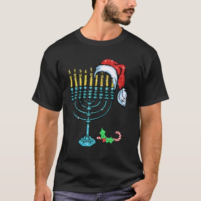Menorah Santa Hat Chanukah Hanukkah Jewish Christm T-Shirt (Front)