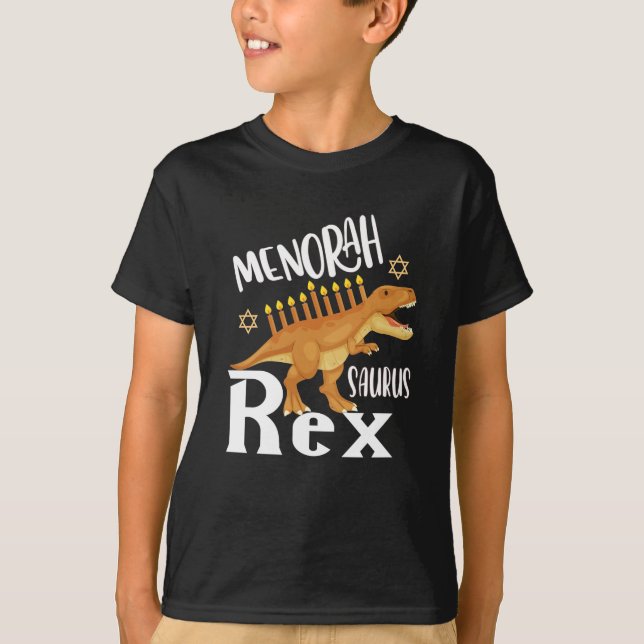 Menorah Saurus T-Rex Happy Hanukkah Dinosaur T-Shirt (Front)