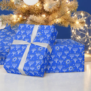 Menorah Star of David Hanukkah Pattern Blue Gift Wrapping Paper