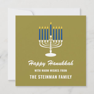 Menorah White Blue Gold Family Name Happy Hanukkah Holiday Card