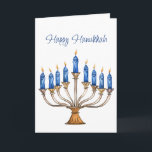 Menorah with Burning Candles Happy Hanukkah Card<br><div class="desc">Watercolor menorah with blue burning candles on front and Star of David inside.  Happy Hanukkah and greeting inside can be changed.  AI assisted graphic purchased with commercial use.  Artwork:  CosmicMeta</div>