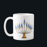 Menorah with Burning Candles Happy Hanukkah  Coffee Mug<br><div class="desc">Watercolor menorah with blue burning candles.  Happy Hanukkah greeting can be changed.   AI assisted graphic purchased with commercial use.  Artwork:  CosmicMeta</div>