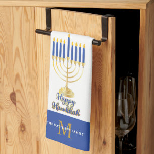 Menorah with Lights Happy Hanukkah Monogram Kitche Tea Towel