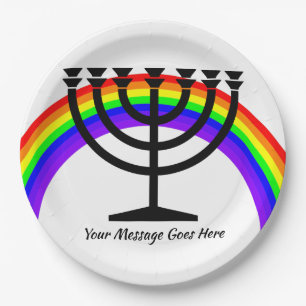 Menorah with Rainbow and Text Paper Plate