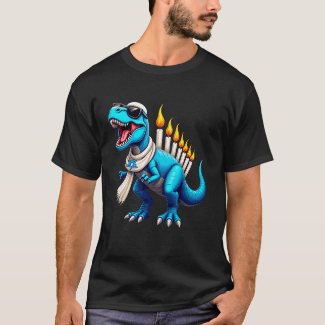 Menorasaurus Dinosaur Menorah Hanukkah Jewish Kids T-Shirt (Front)
