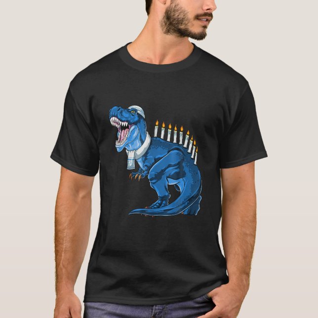 Menorasaurus Rex, T Rex Dinosaur Hanukkah T-Shirt (Front)