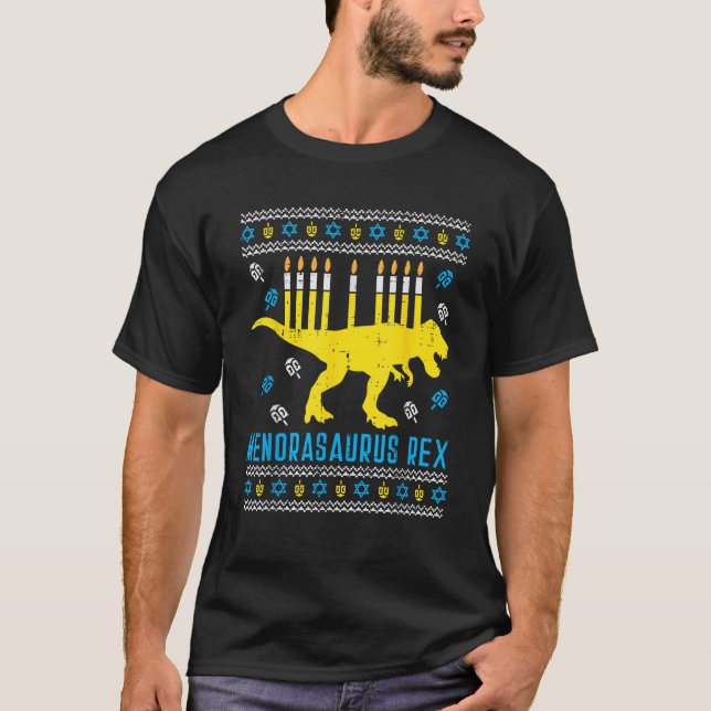 Menorasaurus Rex Trex Menorah Ugly Hanukkah Chanuk T-Shirt (Front)