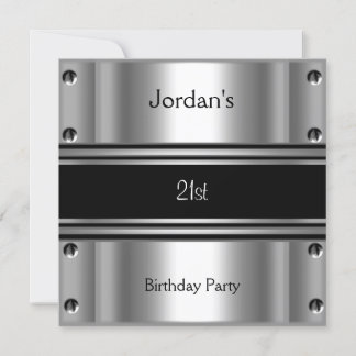 Mens 21st Birthday Party Metal Black Silver Invitation
