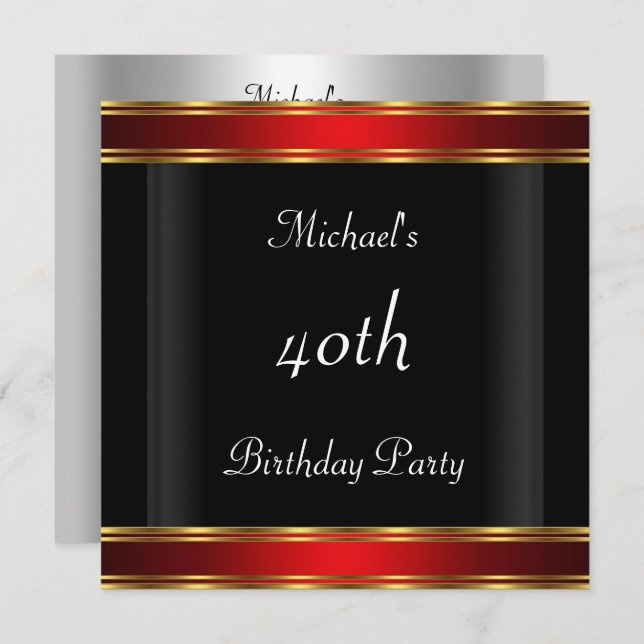 Men's 40th birthday Party  Black Red Art Deco Invitation (Front/Back)