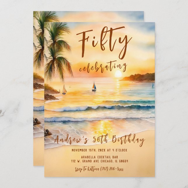 Mens 50th Birthday Beach Party  Invitation (Front/Back)