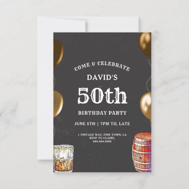 Mens 50th Birthday Invitation Whiskey Theme (Front)