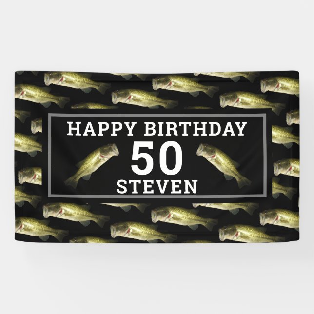 Mens 50th Birthday Party Bass Fishing Personalised Banner (Horizontal)