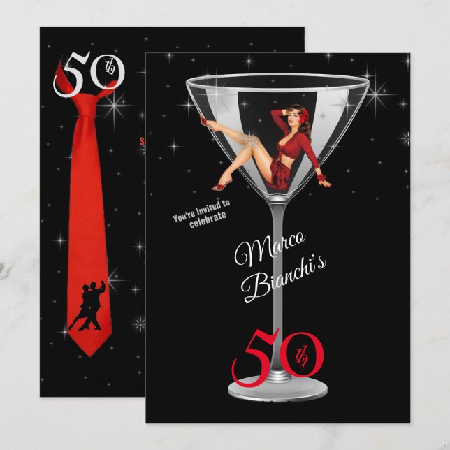 Men's 50th Birthday Party Girl in Martini Glass  Invitation (Front/Back)