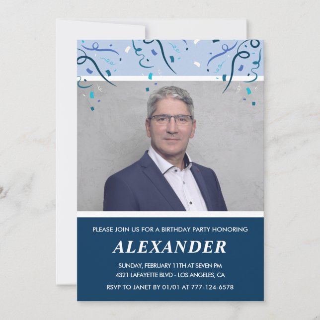 Mens 55th birthday invitations Photo Navy Blue (Front)