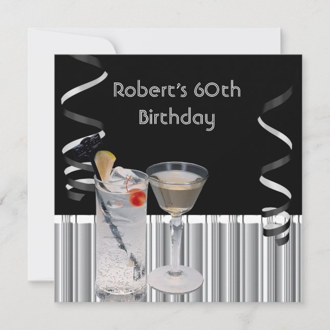 Mens 60th Birthday Party Black Silver Drinks Invitation (Front)