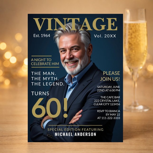 Mens 60th Birthday Party Invite (Elegant navy gold 60th birthday invite styled for a refined and memorable evening celebration)