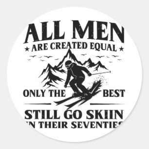 Mens 70th birthday skier men go skiing in classic round sticker