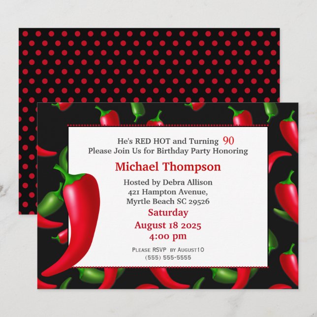 Men's 90th  Red Hot Pepper Birthday Invitations (Front/Back)