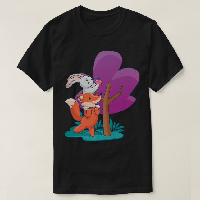Mens a cute fo and a bunny picking an apple from a T-Shirt (Design Front)