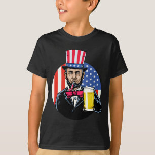 Mens Abe Lincoln Drinking Beer Funny 4th Of July T-Shirt