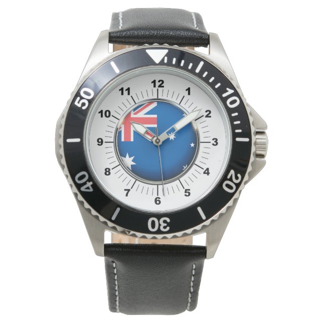 Men's Australia Flag Black Leather Strap Watch (Front)