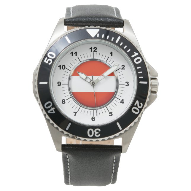 Men's Austria Flag Black Leather Strap Watch (Front)