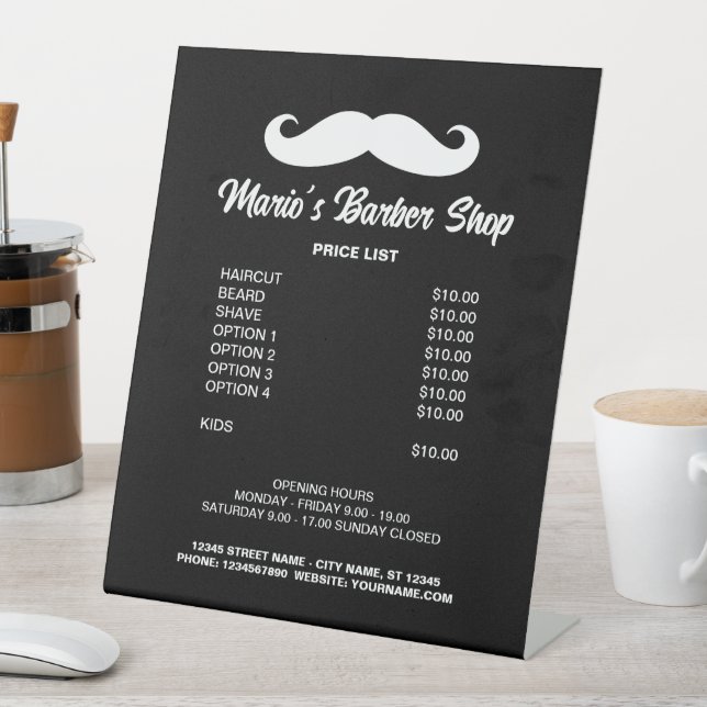 Men's barber shop hair salon price list menu pedestal sign (In SItu)