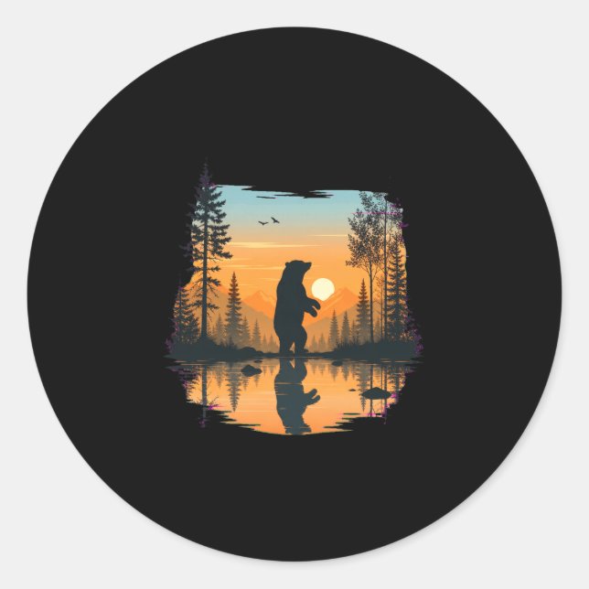 Mens bear silhouette in nature with gradient classic round sticker (Front)