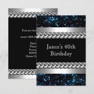 Mens Birthday Party Blue Metal Chrome Silver Image Invitation