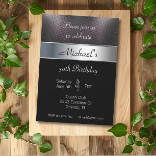 Men's Birthday Party Metal Silver Black Metallic Invitation