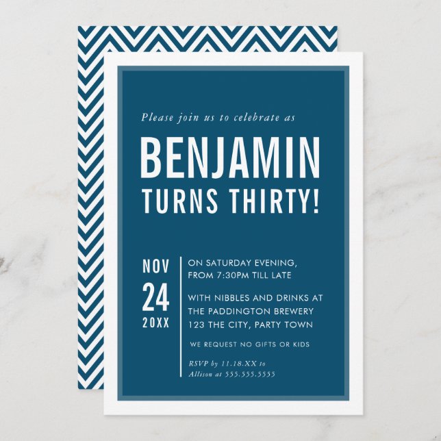 MEN'S BIRTHDAY PARTY modern typography navy white Invitation (Front/Back)