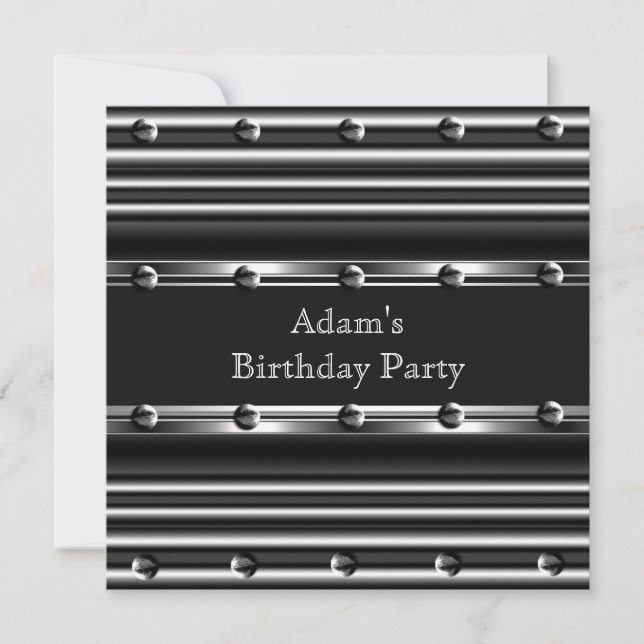 Mens Birthday Party Silver Metal Black Mans Invitation (Front)