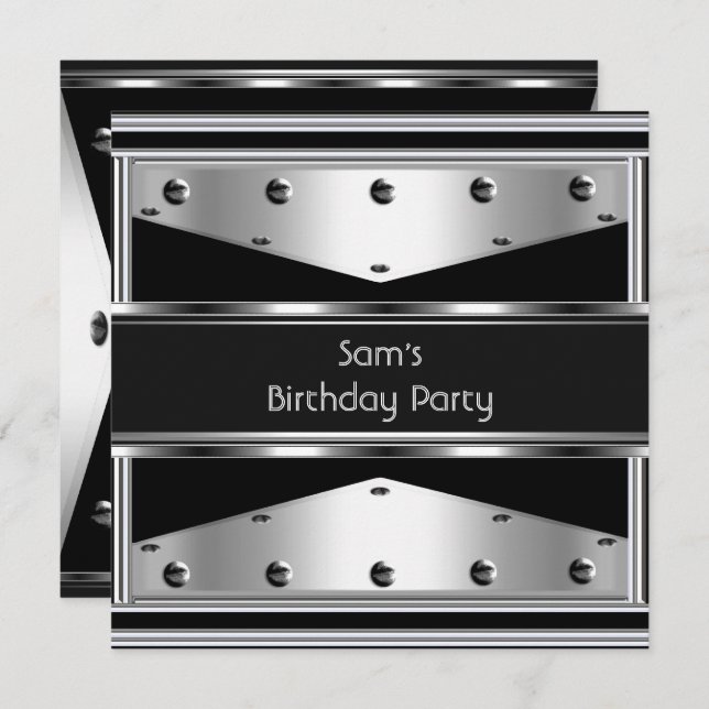 Mens Birthday Party Silver Metal Black Mans Invitation (Front/Back)