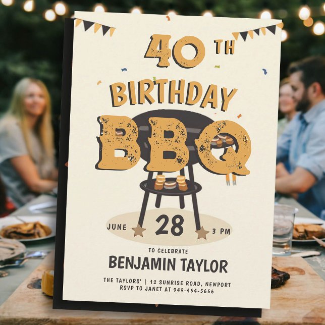 Mens Birthday Party Summer Backyard BBQ Rustic Invitation (mens birthday party ideas backyard bbq summer outside black yellow orange husband boyfriend dad fun)