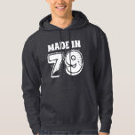 Mens Birthday Year Made in 79 Distressed Look Hoodie<br><div class="desc">Get ready to celebrate your birthday with your family and friends. This “MADE IN 79” birthday sweatshirt features trendy distressed typography in white text. Perfect birthday gift for men born in 1979.</div>