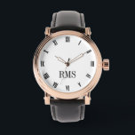 Mens Black and White Monogrammed Leather Strap Watch<br><div class="desc">Create your own custom, personalised, elegant black monogrammed on white dial, stylish cool unique classy mens rose gold retro vintage classic look style black leather strap watch. Simply type in your name / monogram / initials, to customise. Makes a great gift, for birthday, graduation, fathers day, christmas, holidays, wedding, marriage...</div>