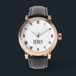 Mens Black and White Monogrammed Leather Strap Watch<br><div class="desc">Create your own custom, personalised, elegant black monogrammed on white dial, stylish cool unique classy mens rose gold retro vintage classic look style black leather strap watch. Simply type in your name / monogram / initials, to customise. Makes a great gift, for birthday, graduation, fathers day, christmas, holidays, wedding, marriage...</div>