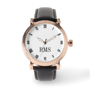 Mens Black and White Monogrammed Leather Strap Watch